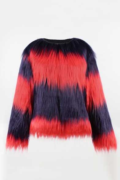 Winter Popular Color Block Striped Long Sleeve Faux Fur Two-Tone Short Warm Coat