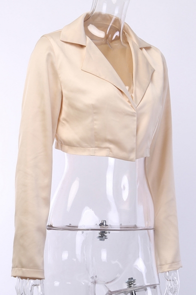 Women's Commuting Apricot Plain Notched Lapel Long Sleeve Cover Placket Cropped Blazer Coat