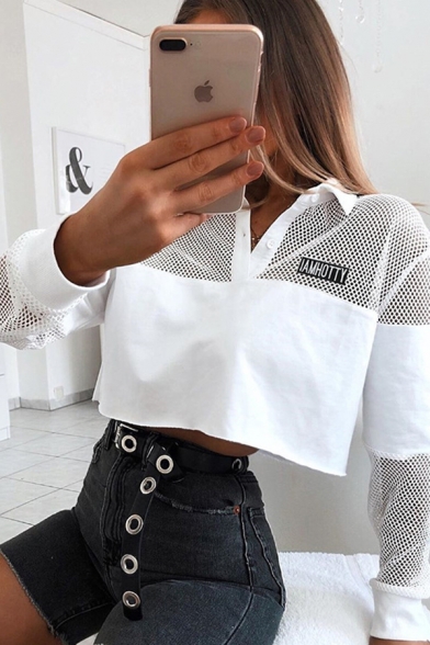 Women's Trendy White IAMHOTTY Patch Lapel Collar Mesh Panel Button Front Cropped Sweatshirt