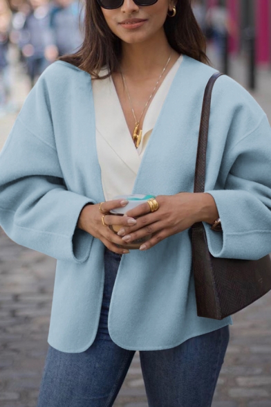Women Simple Plain Long Sleeve Open Front Loose Woolen Overcoat Coat