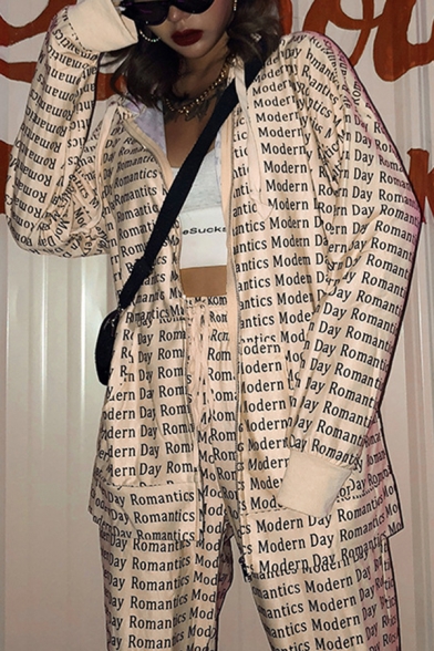 Womens Beige Fashionable Allover Letter Printed Long Sleeve Zip Up Loose Boyfriend Hooded Coat Jacket