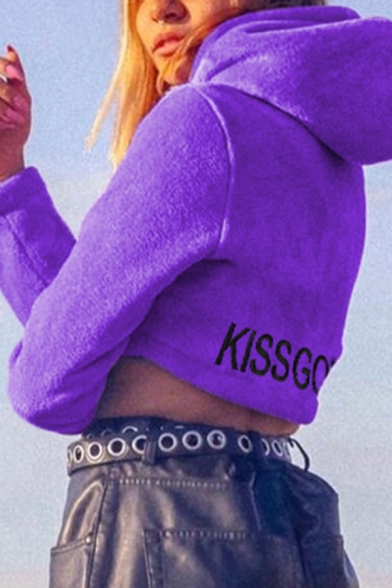Womens Casual KISSGOD Embroidery Letter Back Long Sleeve Snap Button Purple Plush Cropped Jacket Coat