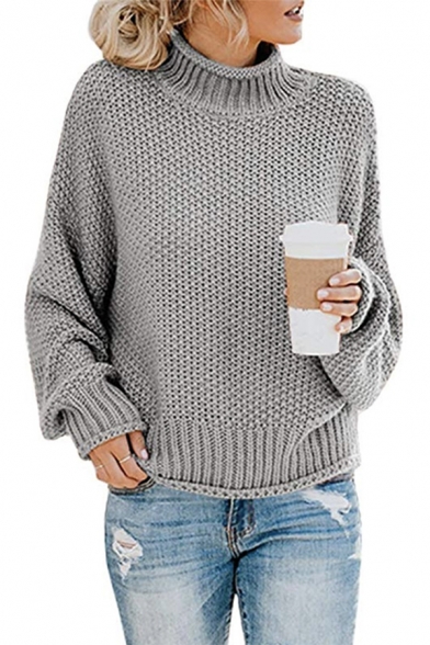 Womens Casual Long Sleeve High Collar Loose Fit Solid Outwear Sweater