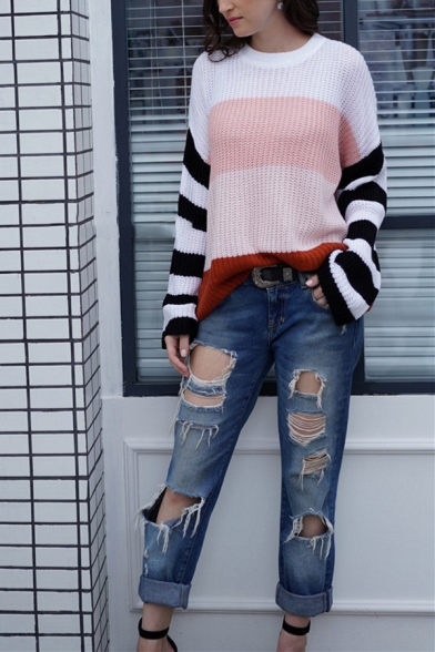 Womens Casual Stripe Colorblock Long Sleeve Round Neck Loose Relaxed Pullover Knitted Sweater