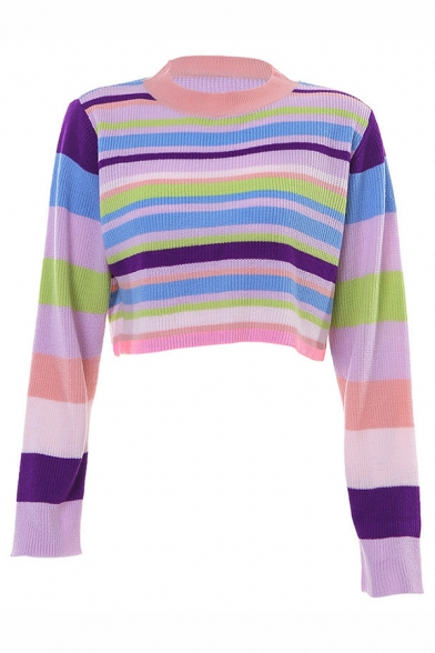 Womens Chic Colorful Striped Long-Sleeved Mock Neck Cropped Pullover Sweater