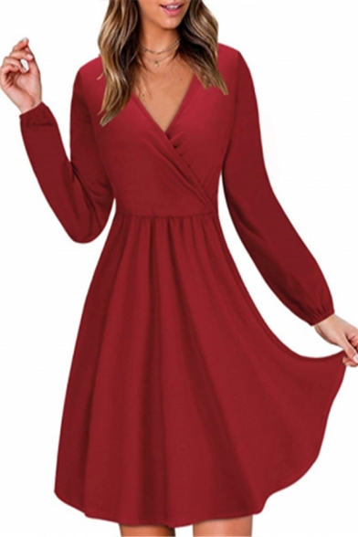 Womens Chic Surplice V-Neck Long Sleeve Gathered Waist Solid Color Mini A-Line Dress