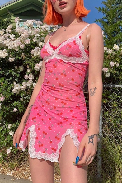 Womens Cute Pink Cherry Pattern Lace Trim Split Detail Slim Fit Sexy Mini Strap Dress
