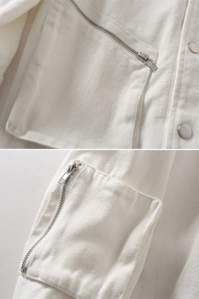 Womens Fashion Lapel Long Sleeve Zipper Embellished Multi-Pocket Hidden Zip Placket Loose Work Jacket in White