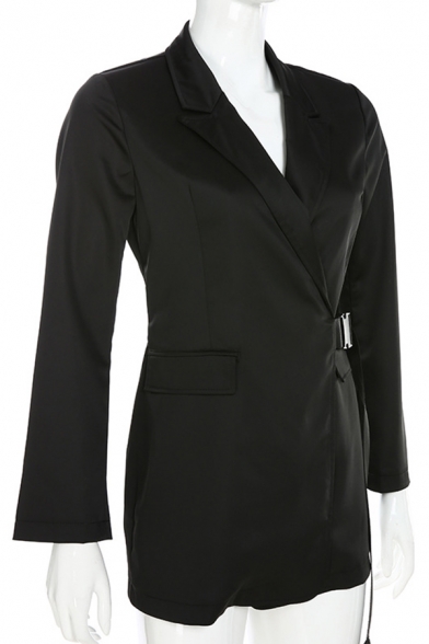 Womens Fashion Long Sleeve Flap Pocket Black Longline Blazer Coat with Push Buckle Belt