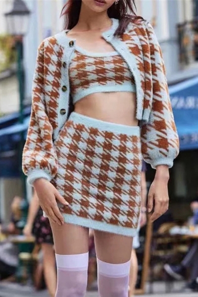 Womens Fashion Orange Houndstooth Print Long Sleeve Button Down Crop Cardigan Coat