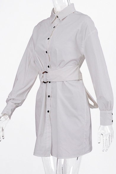 Womens Fashion Plain Long Sleeve Lapel Collar Button Down Belted Casual Mini Shirt Dress
