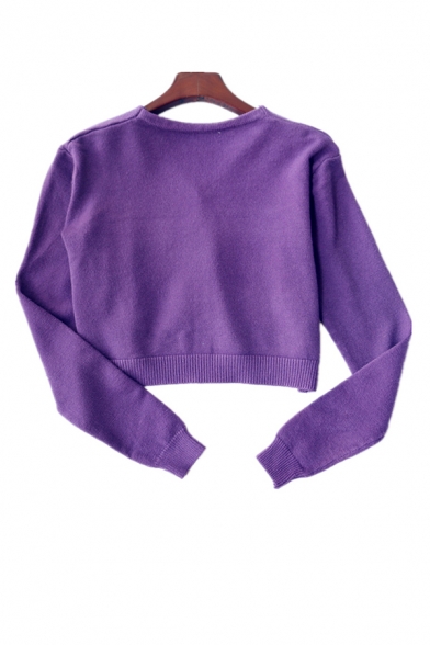 Womens Fashion Purple Single Breasted Long Sleeve Cropped Knit Cardigan Coat