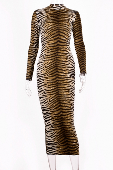 Womens Fashion Tiger Printed Long Sleeve Mock Neck Brown Retro Bodycon Dress