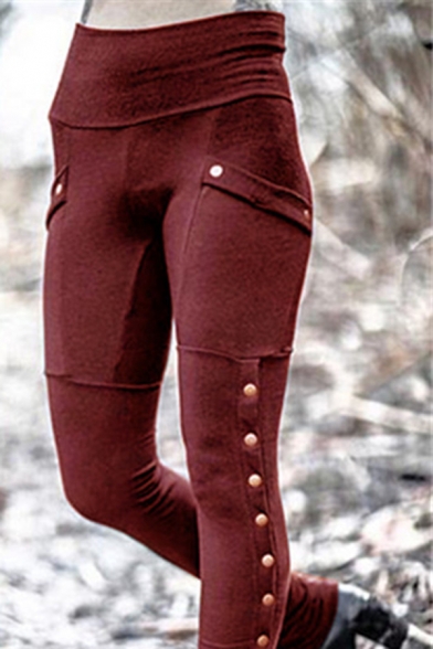 Womens Fashionable Plain High Waist Rivet Embellished Split Skinny Pencil Pants with Pocket