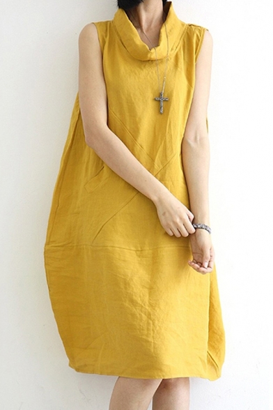 Womens Plain Yellow Cocoon Sleeveless Turtle Neck Casual Midi Daily Dress with Pocket