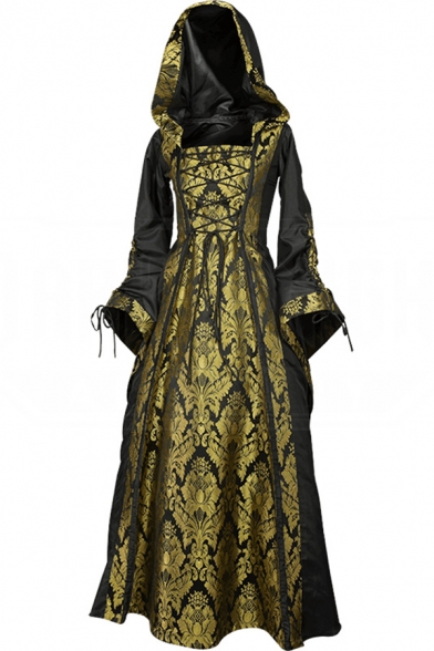 Womens Popular Medieval Costume Gold Floral Printed Bell Long Sleeve Lace Up Front Retro Maxi Hooded Party Dress