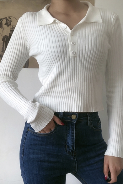 Womens Retro Plain Lapel Collar Button Down Long Sleeve Slim Fit Ribbed Knit Short Chic Pullover Sweater Top