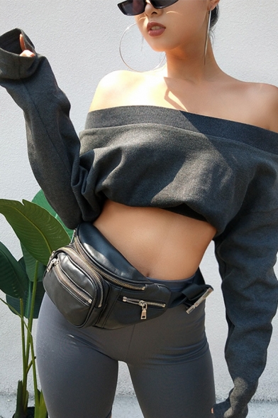 Womens Sexy Dark Gray Solid Off Shoulder Long Sleeve Crop Top Pullover Sweatshirt
