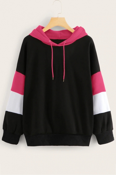 Womens Stylish Color Block Long Sleeve Loose Casual Thick Drawstring Hoodie