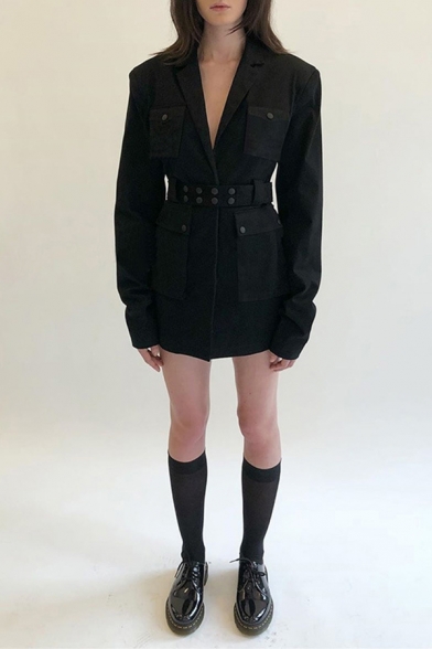 Womens Stylish Long Sleeve Snap Button Belt Flap Pocket Plain Black Fitted Blazer Dress
