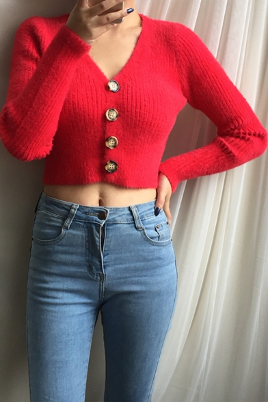 Womens Stylish Solid Color Long Sleeve Button Down Slim Fit Cropped Knitwear Cardigan Coat
