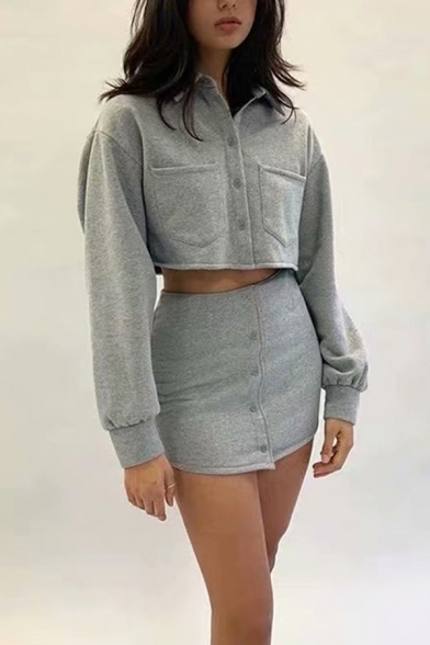 Womens Unique Plain Gray Long Sleeve Lapel Collar Single Breasted Cropped Casual Jacket with Dual Pocket