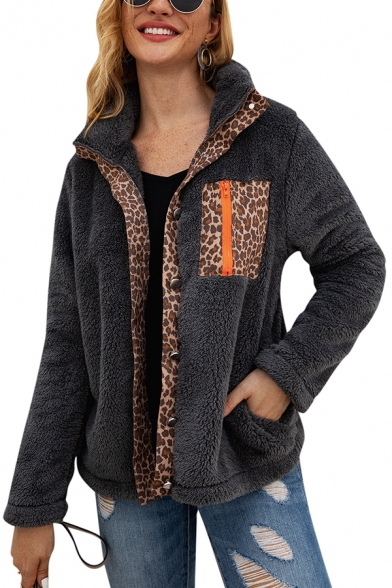 Womens Warm Leopard Patchwork Zipper Pocket Long Sleeve Button Front Fluffy Plush Coat