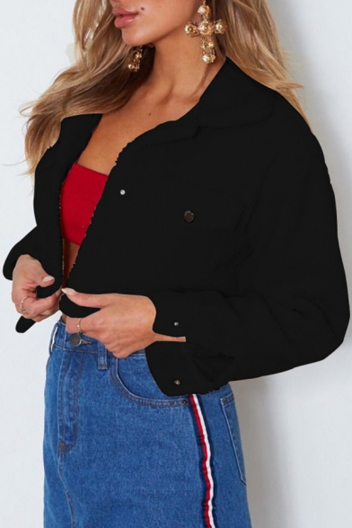 Womens Warm Long Sleeve Single Breasted Plain Loose Cropped Sherpa Jacket with Pocket