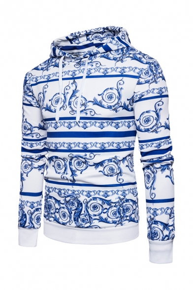 Chinese Style Blue and White Porcelain Printed Long Sleeve Vintage Drawstring Hoodie
