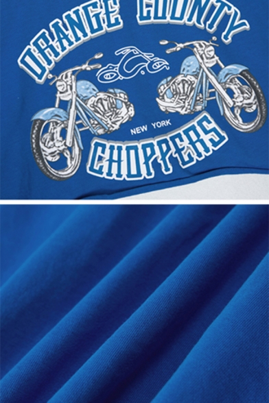 Cool Letter ORANGE COUNTY CHOPPERS Printed Long Sleeve Crewneck Loose Crop Blue Graphic Sweatshirt