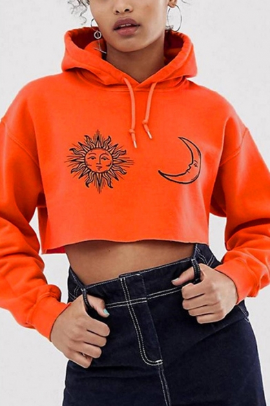 Cute Sun and Moon Printed Long Sleeve Orange Cropped Hooded Sweatshirt