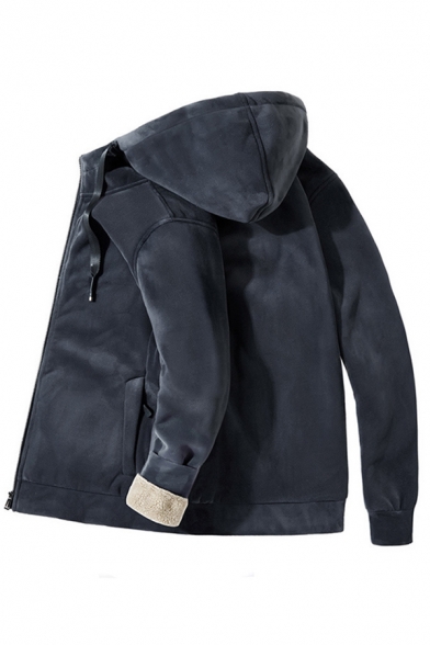 Dark Grey Long Sleeve Zip Up Warm Fleece Thick Casual Hooded Jacket for Men