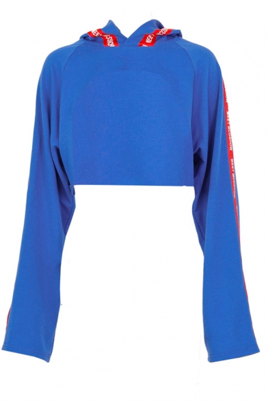 Fashion Womens Letter Tape Long Sleeve Cutout Blue Cropped Hooded Hoodie