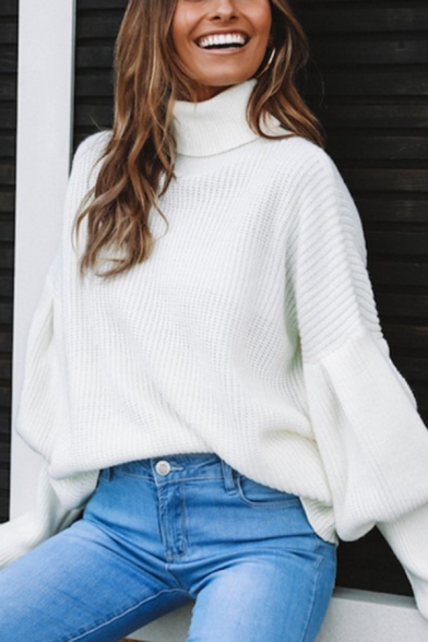 Female Whole Colored Bishop Long Sleeve Turtleneck Loose Fit Pullover Sweater