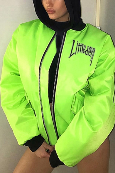 Fluorescent Green LITTLE DEVIL Letter Printed Contrast Trim Long Sleeve Zip Up Loose Baseball Jacket