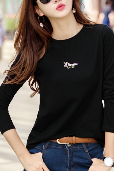 Ladies Casual Unicorn Embroidery Printed Long Sleeve Round Neck Slim Fit T-Shirt Top