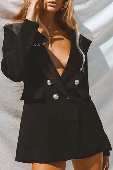 Ladies Fashion Black Shawl Collar Long Sleeve Button Front Loose Tunic Tuxedo Blazer Coat
