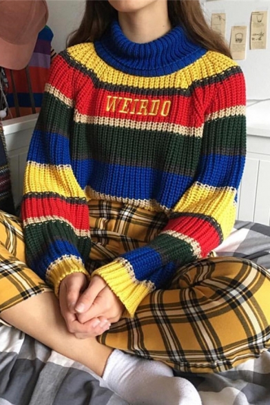 Ladies Warm WEIRDO Letter Embroidery Colorful Stripes Turtleneck Long Sleeve Loose Chunky Sweater