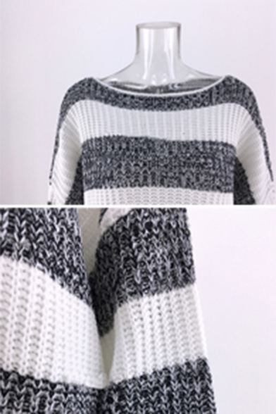 Leisure Colorblocked Stripe Long Sleeve Boat Neck Loose Cozy Sweater for Women