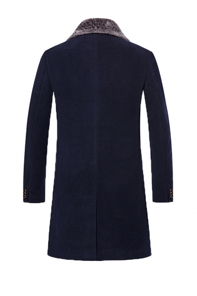 Mens Charming Color Block Lapel Collar Long Sleeve Double Button Longline Wool Overcoat Trench Coat with Pocket