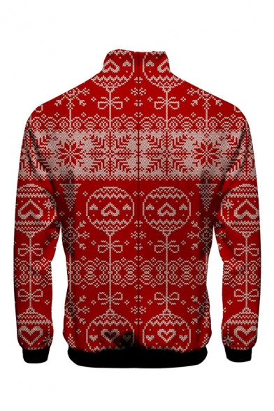 Mens Chic Christmas Pattern Print Stand Collar Long Sleeve Zip Front Casual Holiday Jacket