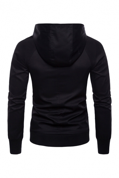 Mens Simple Plain Long Sleeve Concealed Zip Placket Casual Hooded Jacket Coat with Flap Pocket