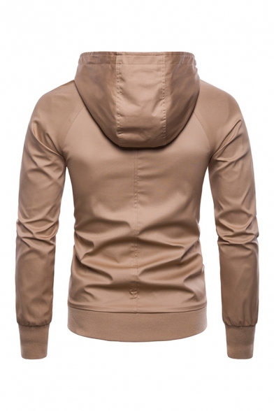 Mens Simple Plain Long Sleeve Concealed Zip Placket Casual Hooded Jacket Coat with Flap Pocket