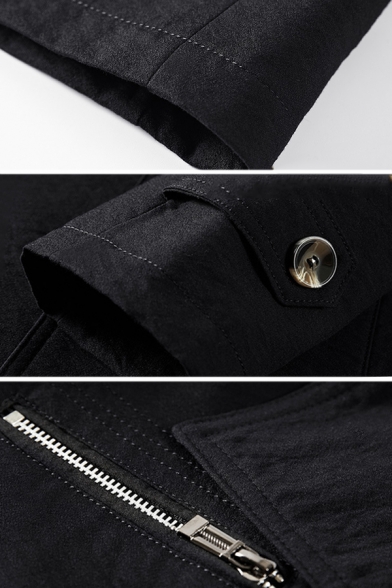 Mens Stylish Solid Color Notched Collar Button Down Zipper Embellished Tunic Trench Coat