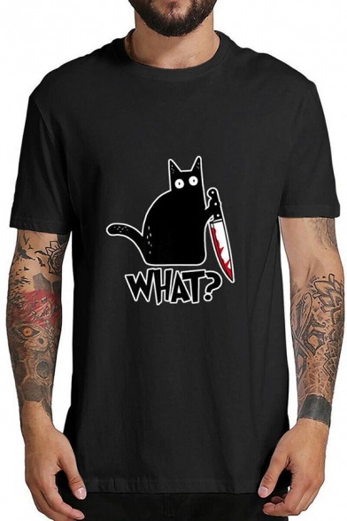 Mens Trendy Horror Cat Printed Short Sleeve Regular Fit Casual Pullover T-Shirt