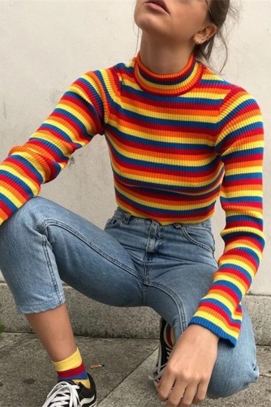 Popular Girls Rainbow Stripes High Collar Long Sleeve Slim Fit Crop Pullover Knitted Sweater