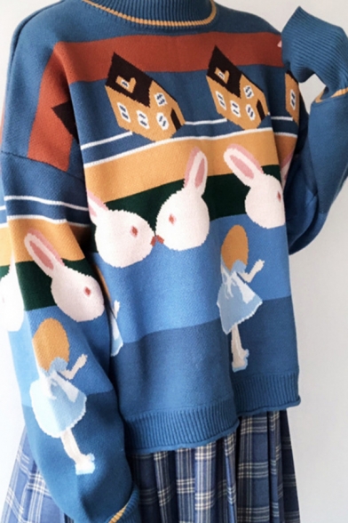 Preppy Chic Regular Cartoon Girl and Rabbit Print Long Sleeve Blue Loose Knitted Pullover Sweater