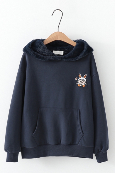 Preppy Fashion Cute Cartoon Girl Printed Long Sleeve Pouch Pocket Loose Fit Rabbit Ears Thick Hoodie