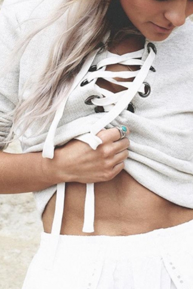 Street Style White Plain Lace-Up Front V-Neck Long Sleeve Cropped Pullover Sweatshirt