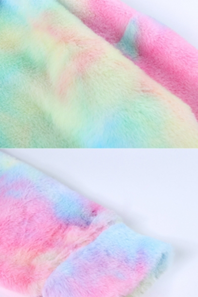 Trendy Colorful Tie Dye Print Lapel CollarLong Sleeve Zip Up Rabbit Fur Loose Coat